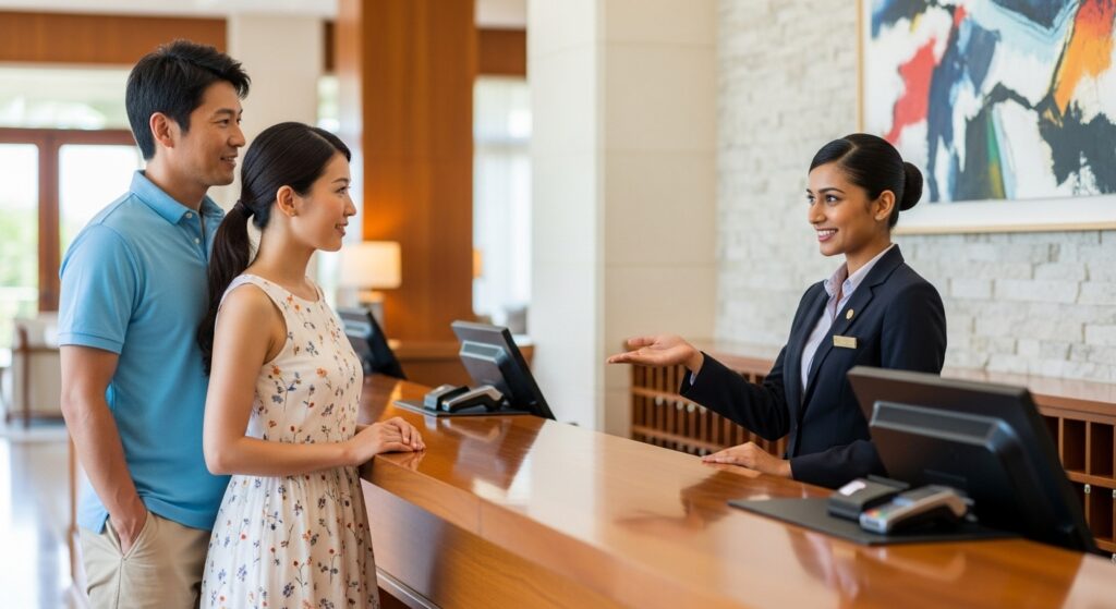 海外リゾートホテルのフロントでスタッフからホテルの説明を聞く日本人夫婦