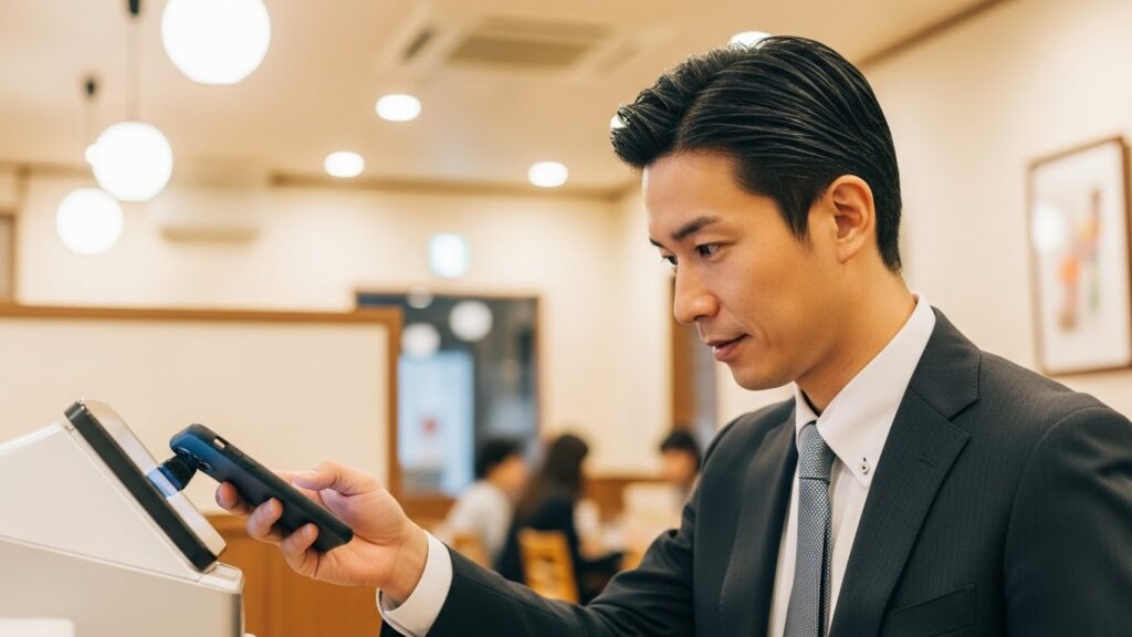 ファミレスでスマホ決済する男性