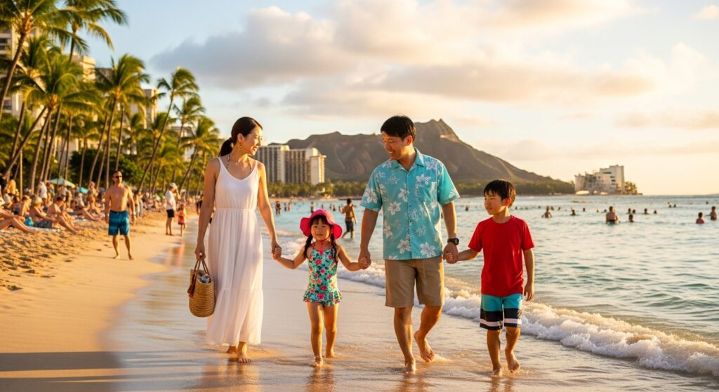 ハワイ旅行を楽しむ家族