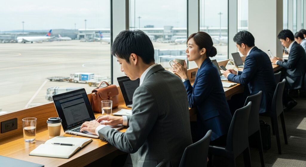空港ラウンジでPC作業するビジネスマン