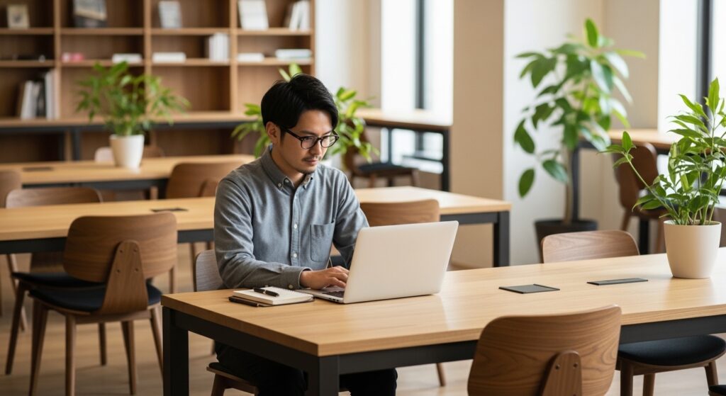 コワーキングスペースでノートパソコンに向かうフリーランス